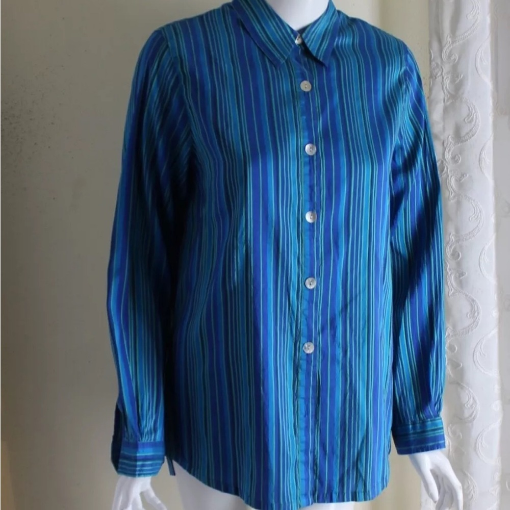Coldwater Creek -Sz Lg Lux Tunic Green Blue Silk Artsy 30" Long Shirt Top Jacket